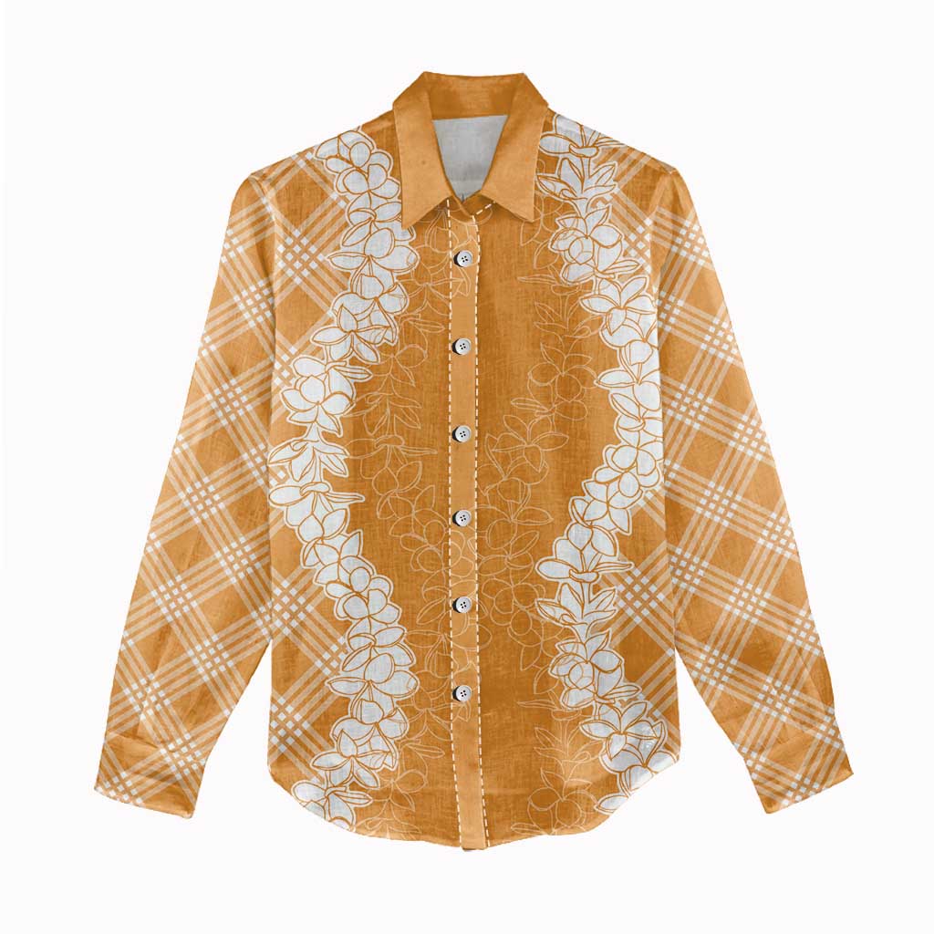 Hawaii Aloha Plumeria Lei Orange Palaka Women Casual Shirt - Polynesian Pride