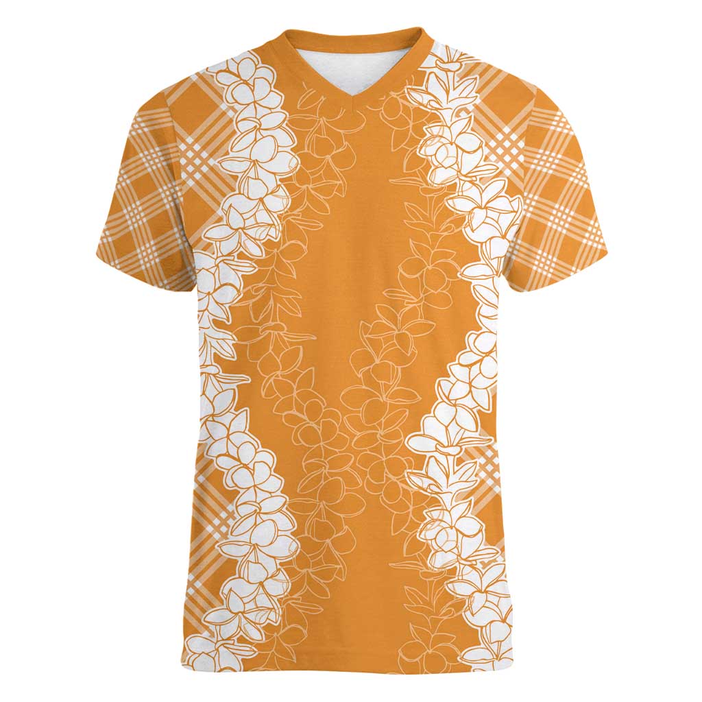 Hawaii Aloha Plumeria Lei Orange Palaka Women V-Neck T-Shirt - Polynesian Pride