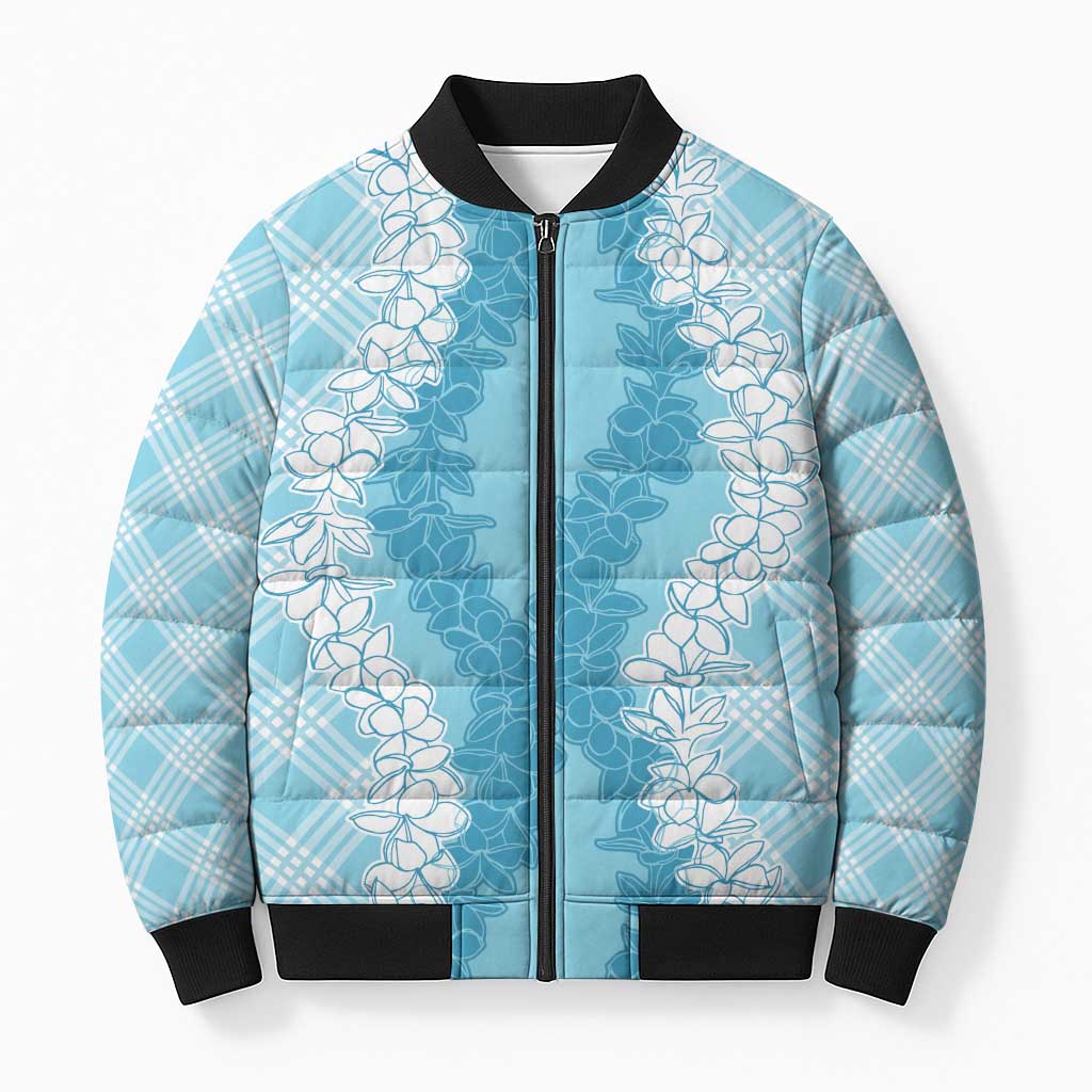 Hawaii Aloha Plumeria Lei Turquoise Palaka Bomber Puffer Jacket - Polynesian Pride