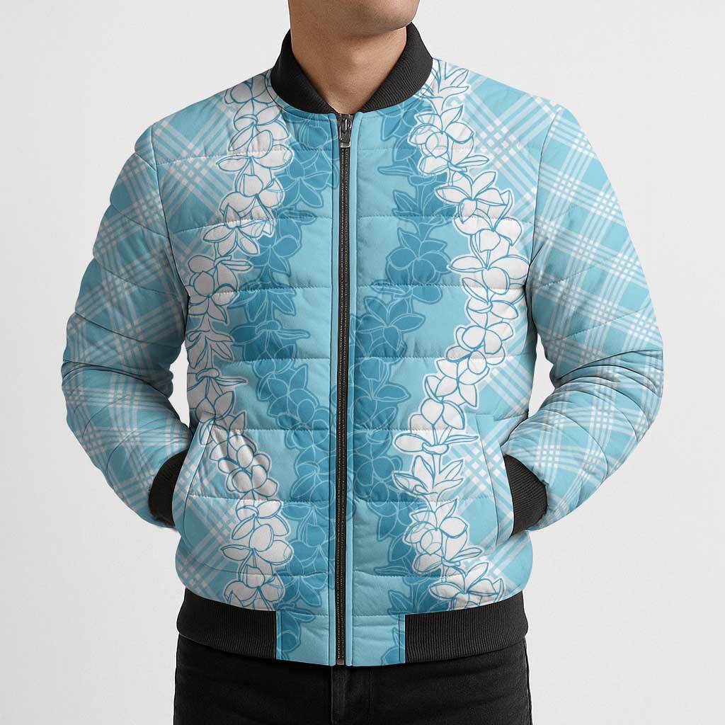 Hawaii Aloha Plumeria Lei Turquoise Palaka Bomber Puffer Jacket - Polynesian Pride
