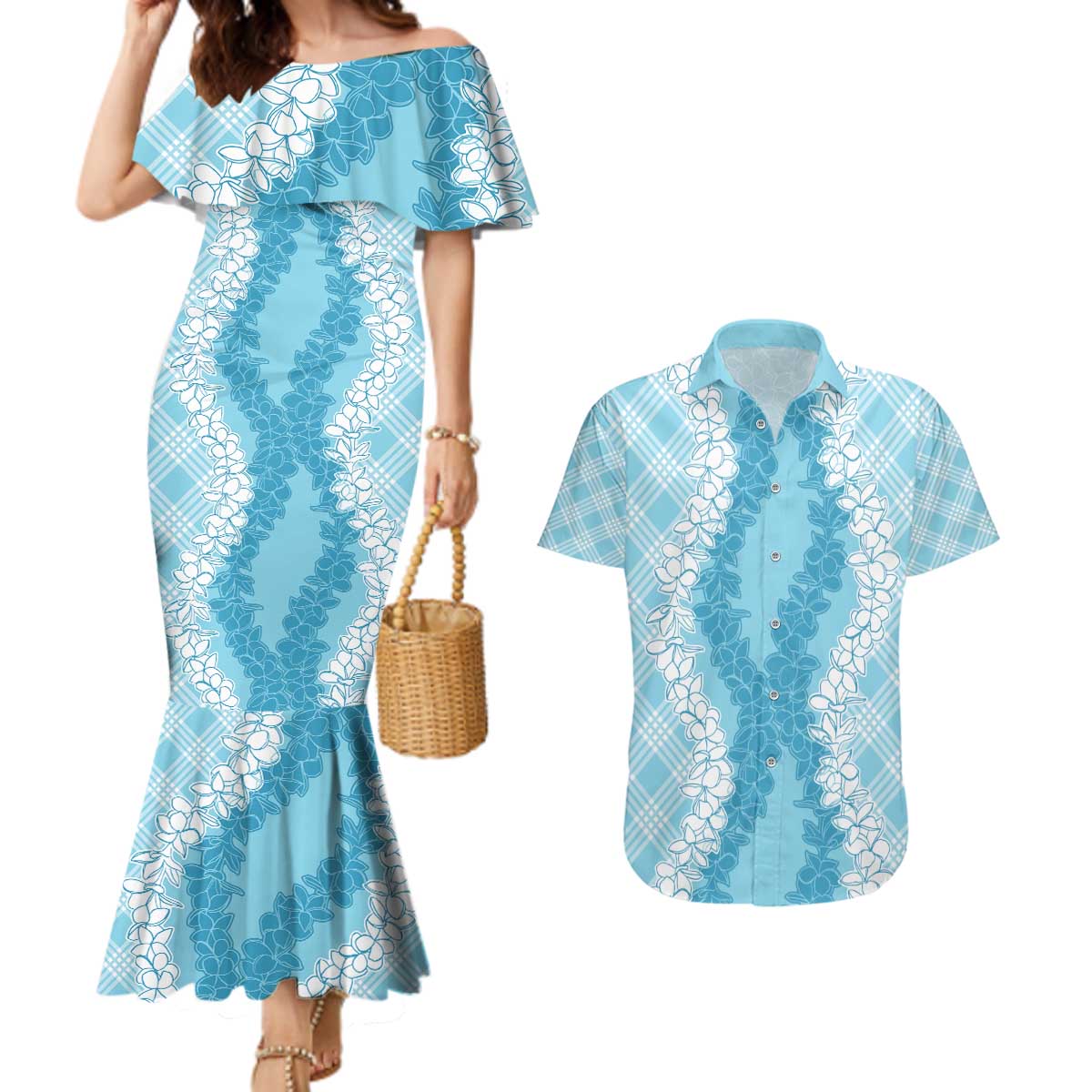 Hawaii Aloha Plumeria Lei Turquoise Palaka Couples Matching Mermaid Dress and Hawaiian Shirt - Polynesian Pride