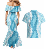 Hawaii Aloha Plumeria Lei Turquoise Palaka Couples Matching Mermaid Dress and Hawaiian Shirt - Polynesian Pride