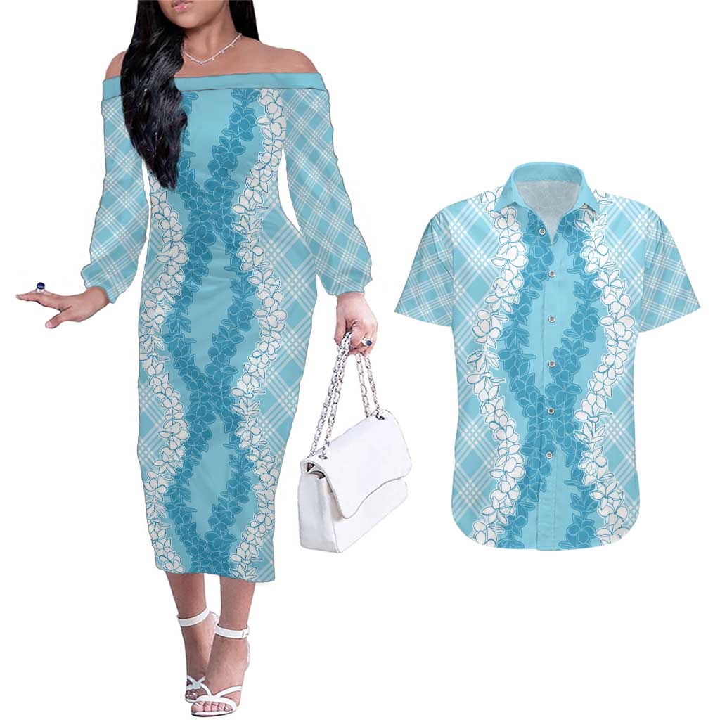 Hawaii Aloha Plumeria Lei Turquoise Palaka Couples Matching Off The Shoulder Long Sleeve Dress and Hawaiian Shirt LT7 Turquoise - Polynesian Pride