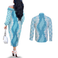 Hawaii Aloha Plumeria Lei Turquoise Palaka Couples Matching Off The Shoulder Long Sleeve Dress and Long Sleeve Button Shirt - Polynesian Pride
