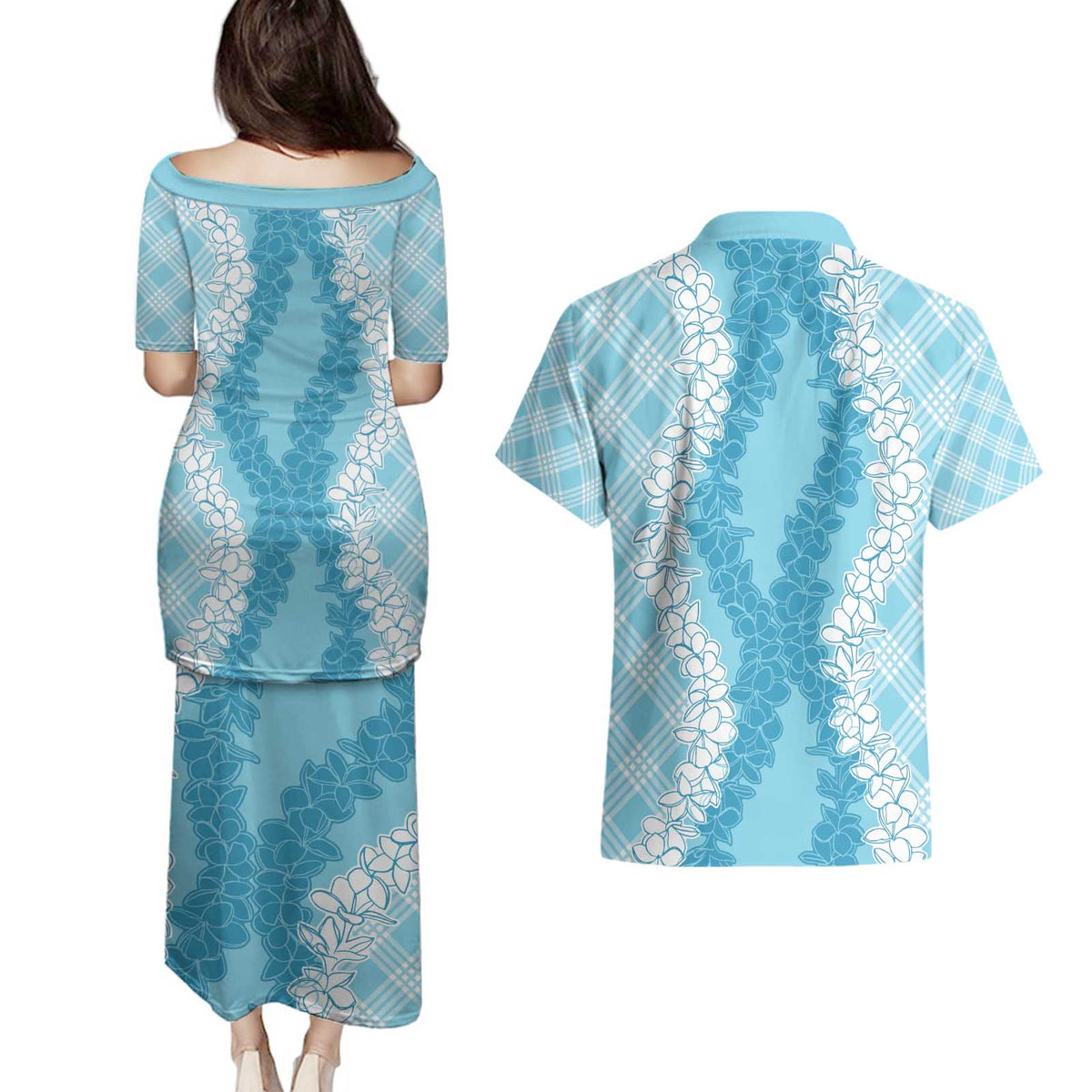 Hawaii Aloha Plumeria Lei Turquoise Palaka Couples Matching Puletasi and Hawaiian Shirt - Polynesian Pride