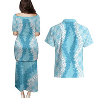 Hawaii Aloha Plumeria Lei Turquoise Palaka Couples Matching Puletasi and Hawaiian Shirt - Polynesian Pride
