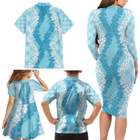 Hawaii Aloha Plumeria Lei Turquoise Palaka Family Matching Long Sleeve Bodycon Dress and Hawaiian Shirt LT7 - Polynesian Pride
