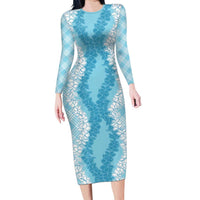 Hawaii Aloha Plumeria Lei Turquoise Palaka Family Matching Long Sleeve Bodycon Dress and Hawaiian Shirt LT7 Mom's Dress Turquoise - Polynesian Pride