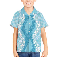 Hawaii Aloha Plumeria Lei Turquoise Palaka Family Matching Long Sleeve Bodycon Dress and Hawaiian Shirt LT7 Son's Shirt Turquoise - Polynesian Pride