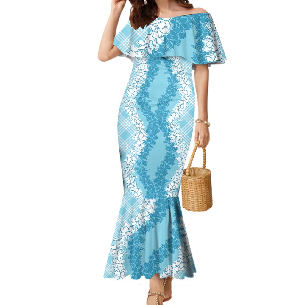Hawaii Aloha Plumeria Lei Turquoise Palaka Family Matching Mermaid Dress and Hawaiian Shirt LT7 Mom's Dress Turquoise - Polynesian Pride