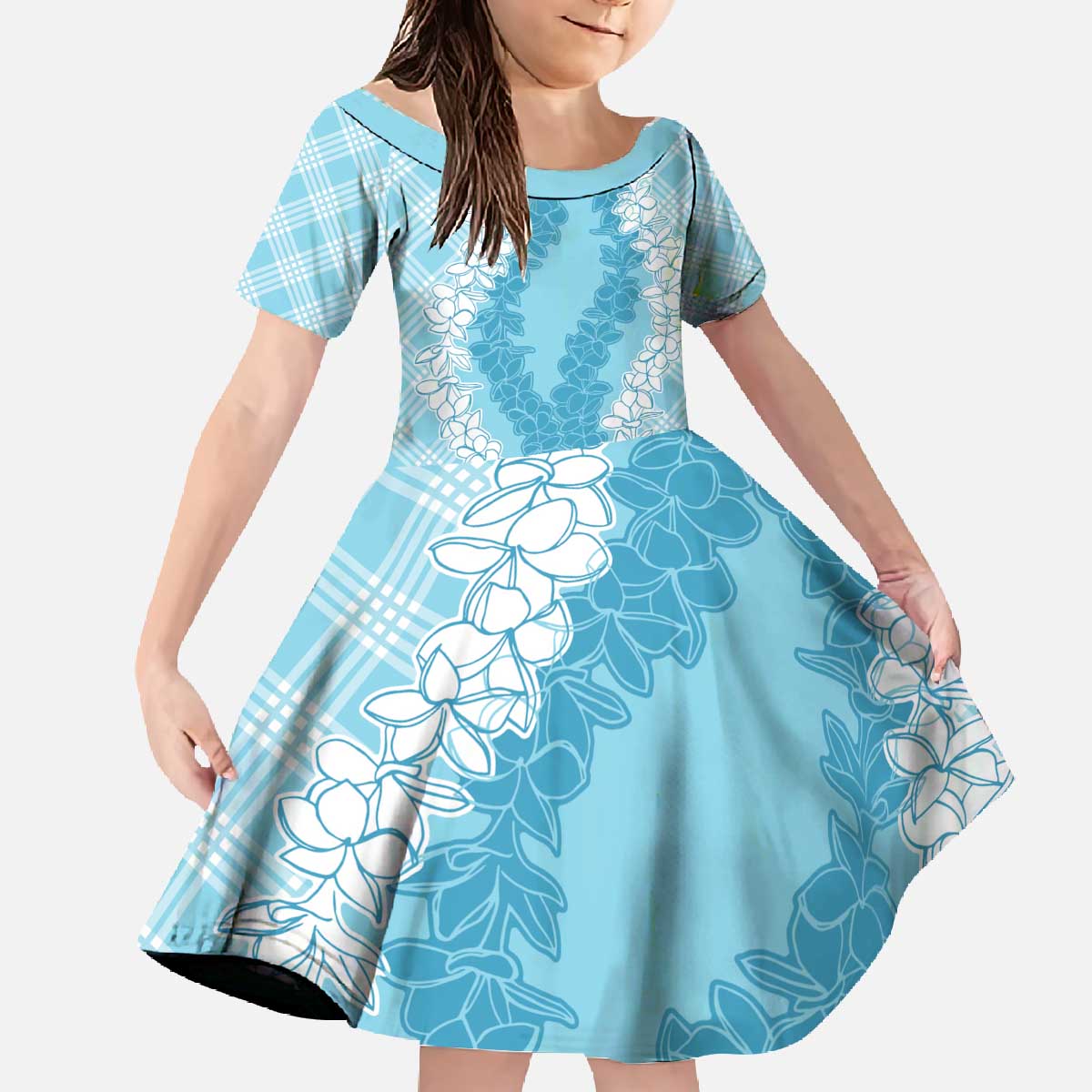 Hawaii Aloha Plumeria Lei Turquoise Palaka Family Matching Off The Shoulder Long Sleeve Dress and Hawaiian Shirt LT7 Daughter's Dress Turquoise - Polynesian Pride