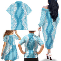 Hawaii Aloha Plumeria Lei Turquoise Palaka Family Matching Off The Shoulder Long Sleeve Dress and Hawaiian Shirt LT7 - Polynesian Pride