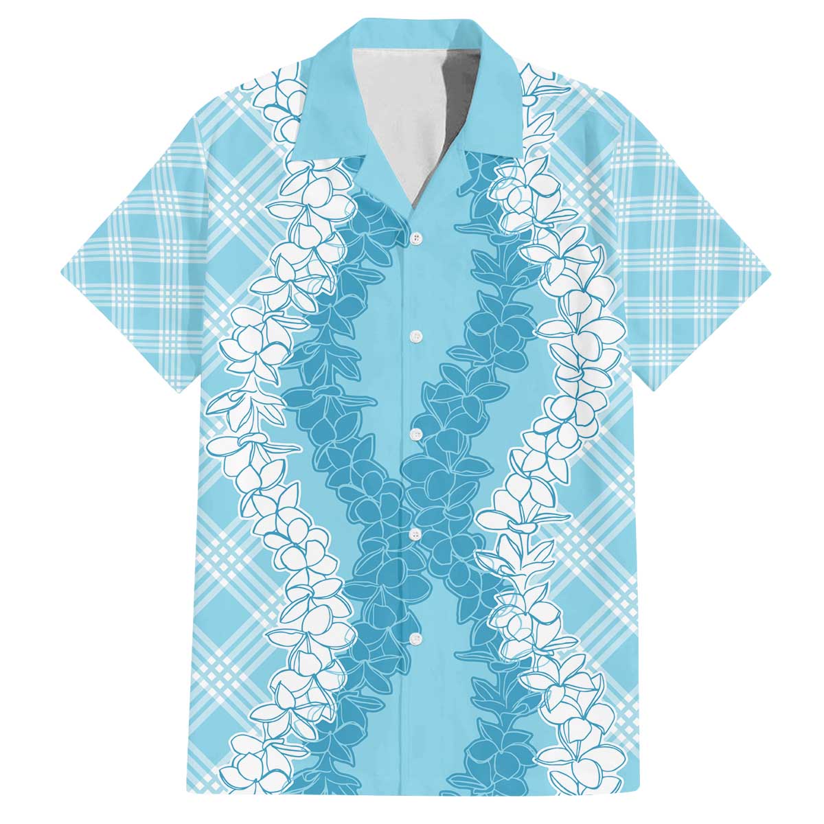 Hawaii Aloha Plumeria Lei Turquoise Palaka Family Matching Off The Shoulder Long Sleeve Dress and Hawaiian Shirt LT7 Dad's Shirt - Short Sleeve Turquoise - Polynesian Pride