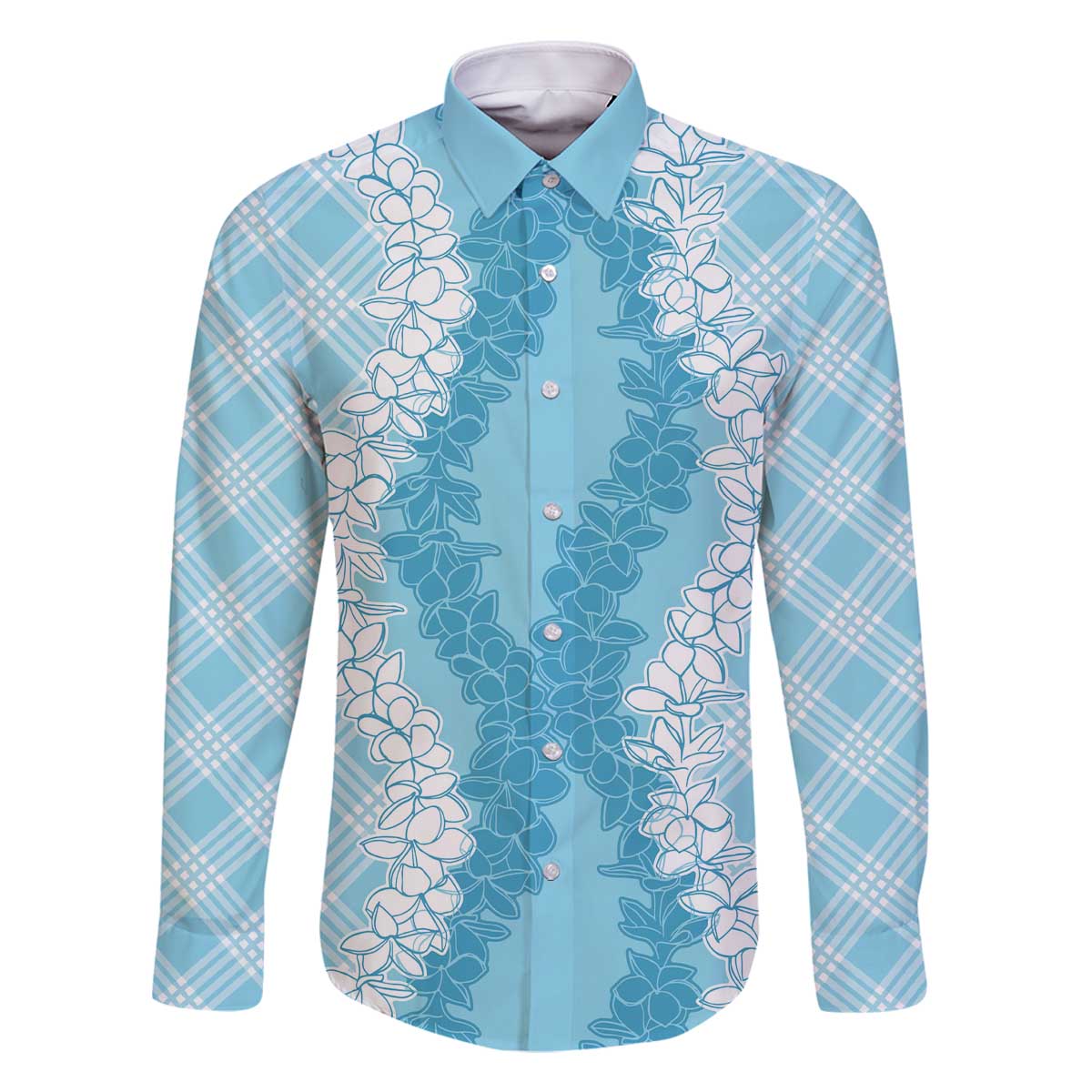 Hawaii Aloha Plumeria Lei Turquoise Palaka Family Matching Off The Shoulder Long Sleeve Dress and Hawaiian Shirt LT7 Dad's Shirt - Long Sleeve Turquoise - Polynesian Pride