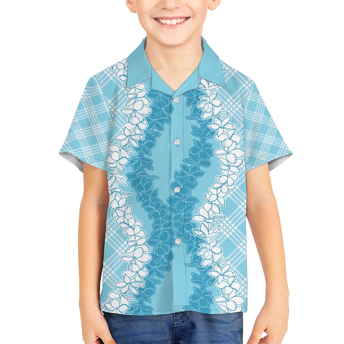 Hawaii Aloha Plumeria Lei Turquoise Palaka Family Matching Off The Shoulder Long Sleeve Dress and Hawaiian Shirt LT7 Son's Shirt Turquoise - Polynesian Pride