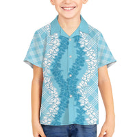 Hawaii Aloha Plumeria Lei Turquoise Palaka Family Matching Off The Shoulder Long Sleeve Dress and Hawaiian Shirt LT7 Son's Shirt Turquoise - Polynesian Pride