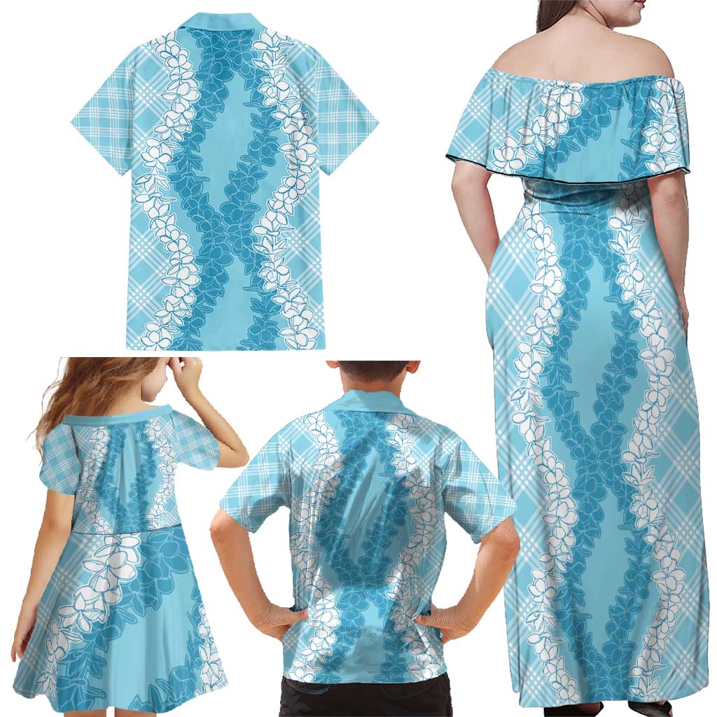 Hawaii Aloha Plumeria Lei Turquoise Palaka Family Matching Off Shoulder Maxi Dress and Hawaiian Shirt LT7 - Polynesian Pride
