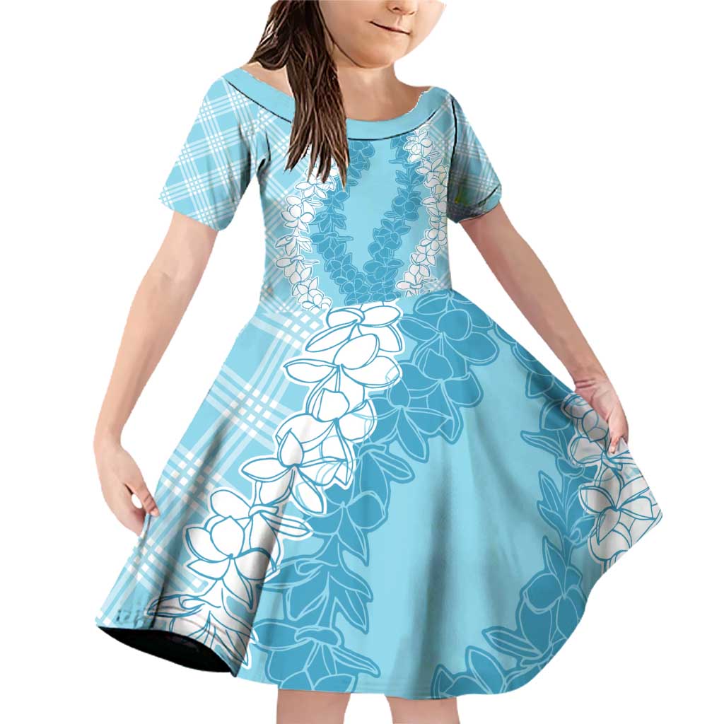 Hawaii Aloha Plumeria Lei Turquoise Palaka Family Matching Off Shoulder Short Dress and Hawaiian Shirt LT7 Daughter's Dress Turquoise - Polynesian Pride