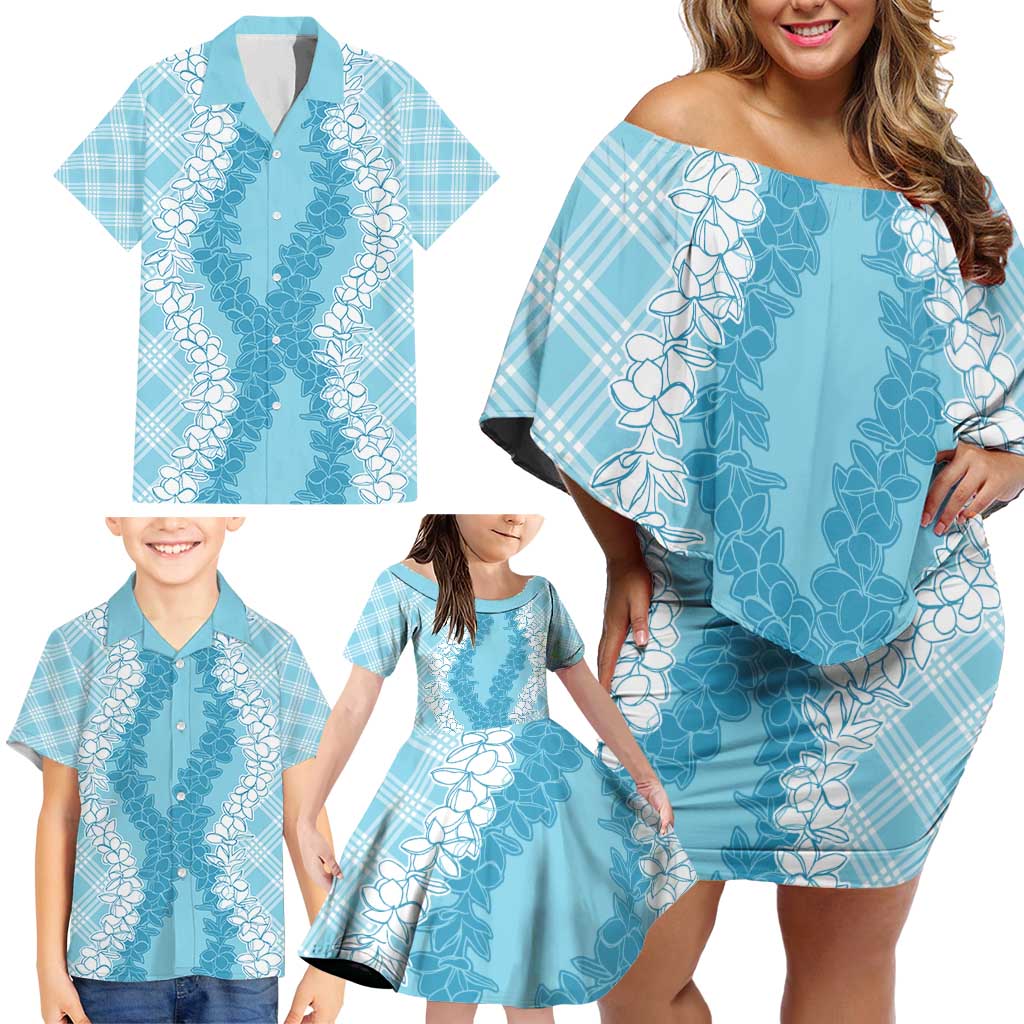 Hawaii Aloha Plumeria Lei Turquoise Palaka Family Matching Off Shoulder Short Dress and Hawaiian Shirt LT7 - Polynesian Pride