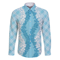 Hawaii Aloha Plumeria Lei Turquoise Palaka Family Matching Off Shoulder Short Dress and Hawaiian Shirt LT7 Dad's Shirt - Long Sleeve Turquoise - Polynesian Pride
