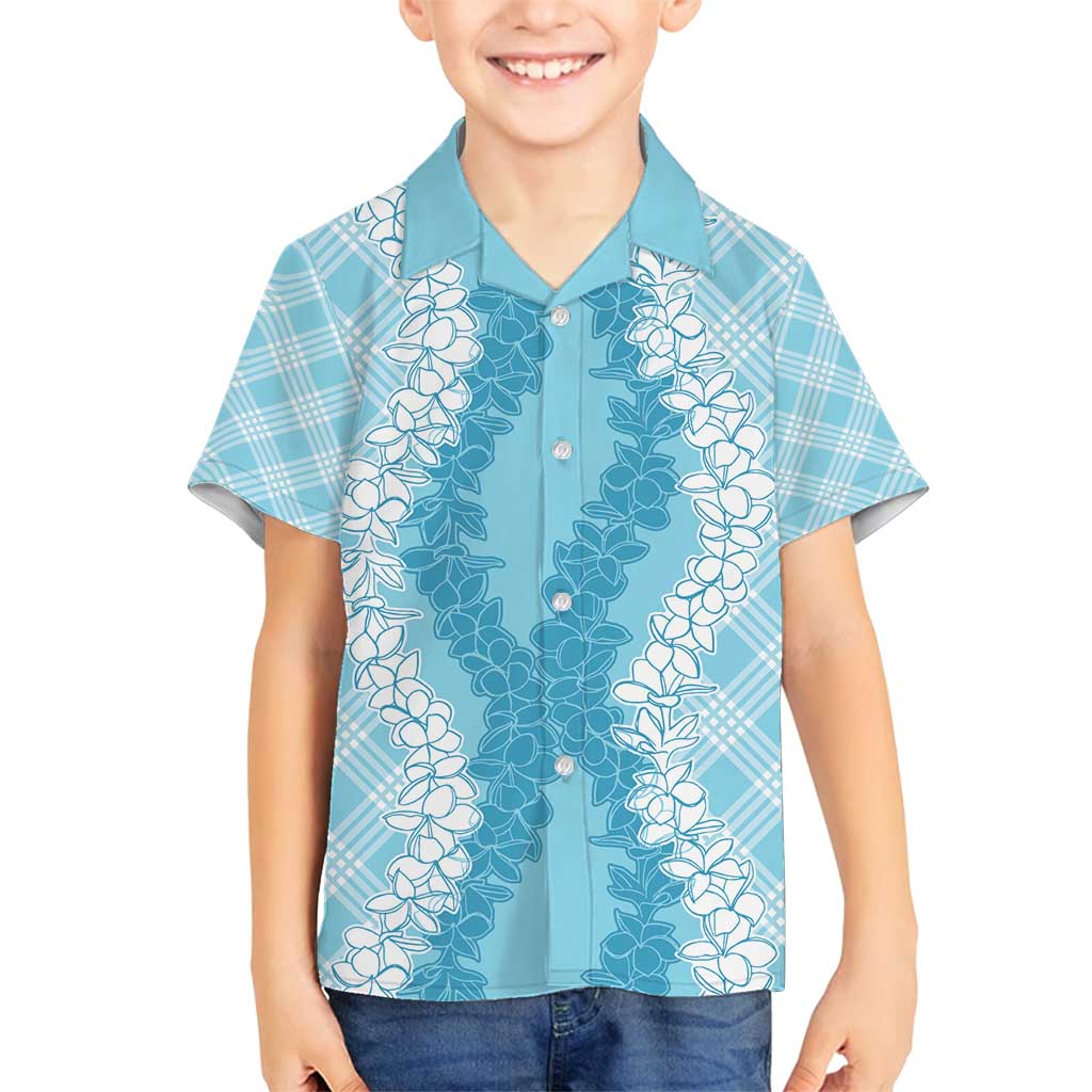 Hawaii Aloha Plumeria Lei Turquoise Palaka Family Matching Off Shoulder Short Dress and Hawaiian Shirt LT7 Son's Shirt Turquoise - Polynesian Pride