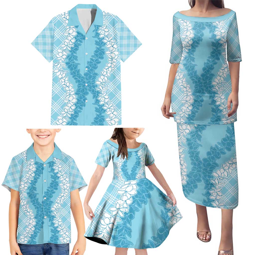 Hawaii Aloha Plumeria Lei Turquoise Palaka Family Matching Puletasi and Hawaiian Shirt LT7 - Polynesian Pride