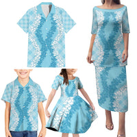 Hawaii Aloha Plumeria Lei Turquoise Palaka Family Matching Puletasi and Hawaiian Shirt LT7 - Polynesian Pride