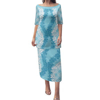 Hawaii Aloha Plumeria Lei Turquoise Palaka Family Matching Puletasi and Hawaiian Shirt LT7 Mom's Dress Turquoise - Polynesian Pride