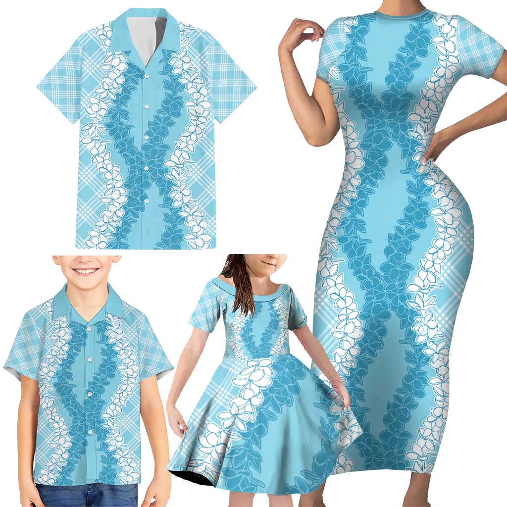 Hawaii Aloha Plumeria Lei Turquoise Palaka Family Matching Short Sleeve Bodycon Dress and Hawaiian Shirt LT7 - Polynesian Pride