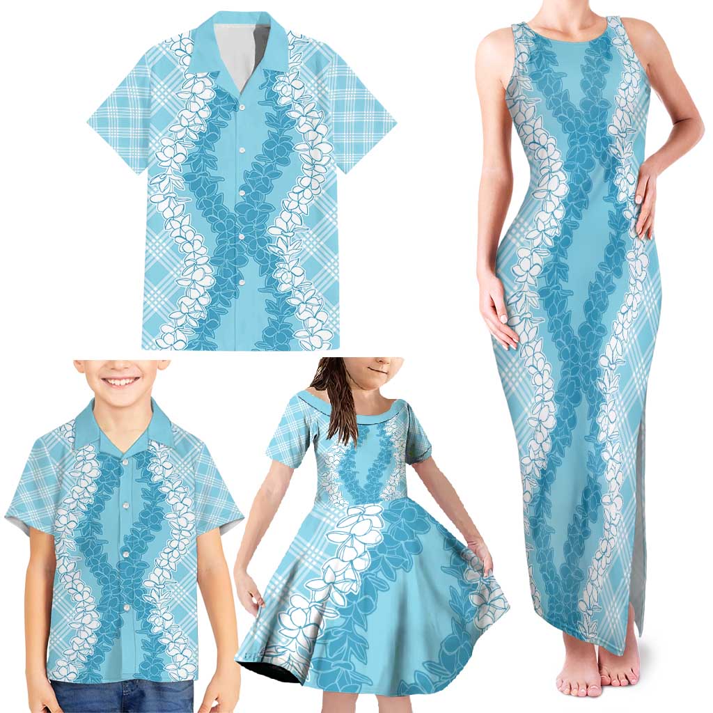 Hawaii Aloha Plumeria Lei Turquoise Palaka Family Matching Tank Maxi Dress and Hawaiian Shirt LT7 - Polynesian Pride