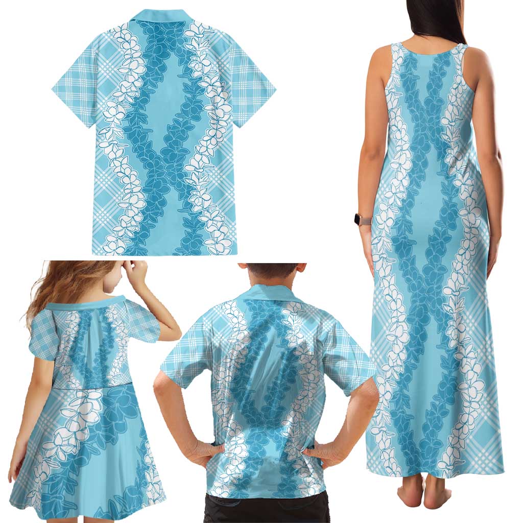 Hawaii Aloha Plumeria Lei Turquoise Palaka Family Matching Tank Maxi Dress and Hawaiian Shirt LT7 - Polynesian Pride