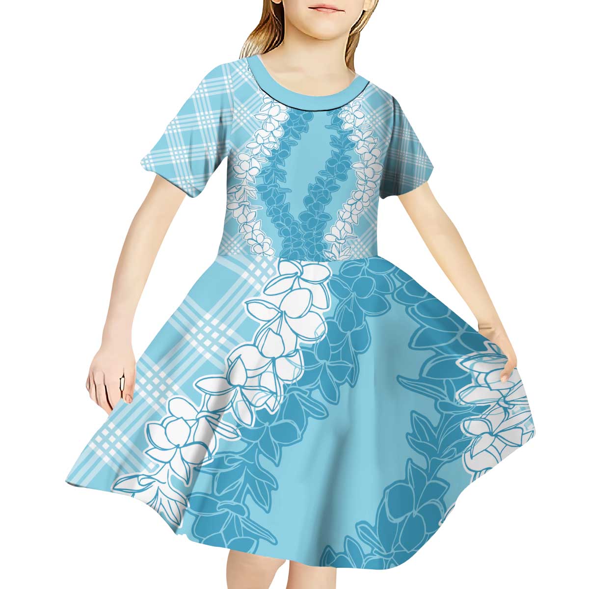 Hawaii Aloha Plumeria Lei Turquoise Palaka Kid Short Sleeve Dress - Polynesian Pride