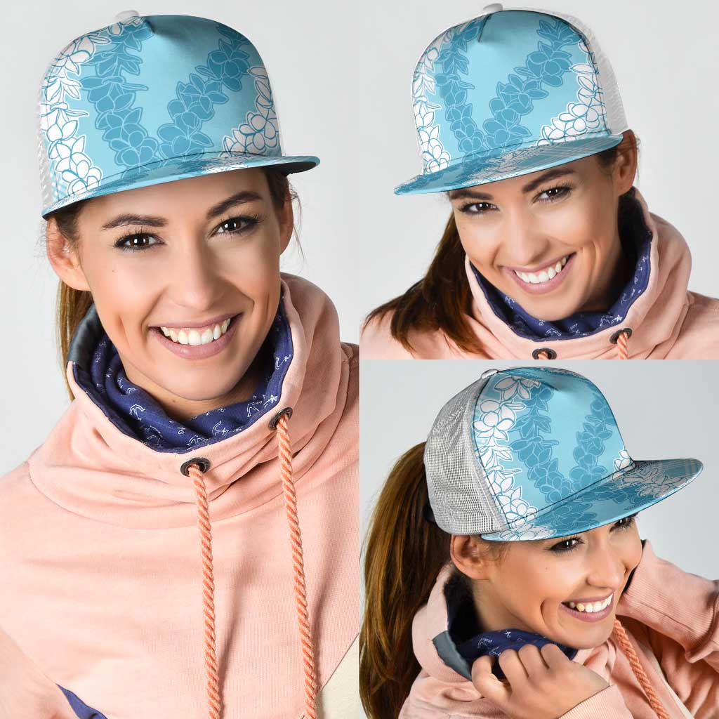Hawaii Aloha Plumeria Lei Turquoise Palaka Mesh Trucker Cap - Polynesian Pride
