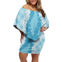 Hawaii Aloha Plumeria Lei Turquoise Palaka Off Shoulder Short Dress - Polynesian Pride