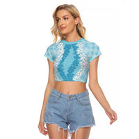 Hawaii Aloha Plumeria Lei Turquoise Palaka Raglan Cropped T Shirt - Polynesian Pride