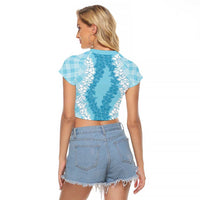 Hawaii Aloha Plumeria Lei Turquoise Palaka Raglan Cropped T Shirt - Polynesian Pride