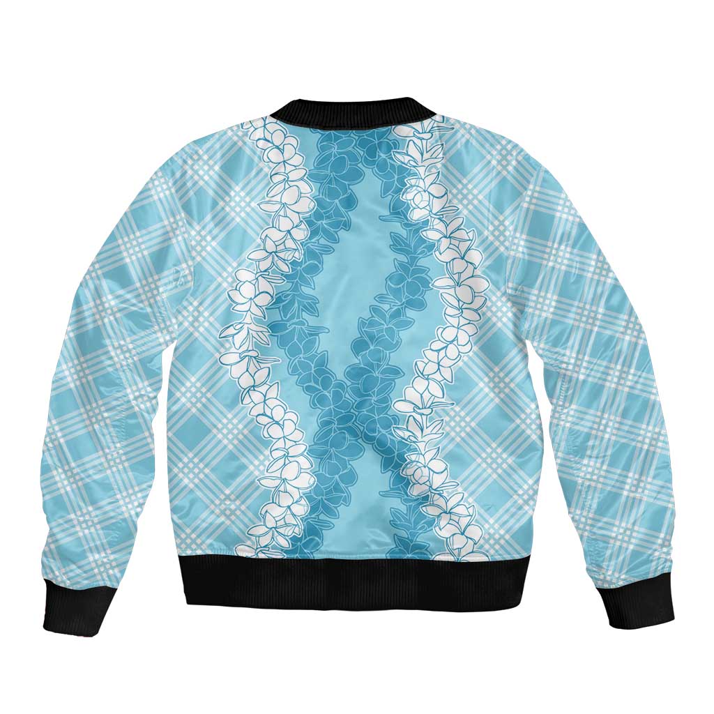 Hawaii Aloha Plumeria Lei Turquoise Palaka Sleeve Zip Bomber Jacket - Polynesian Pride