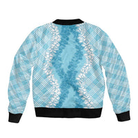 Hawaii Aloha Plumeria Lei Turquoise Palaka Sleeve Zip Bomber Jacket - Polynesian Pride