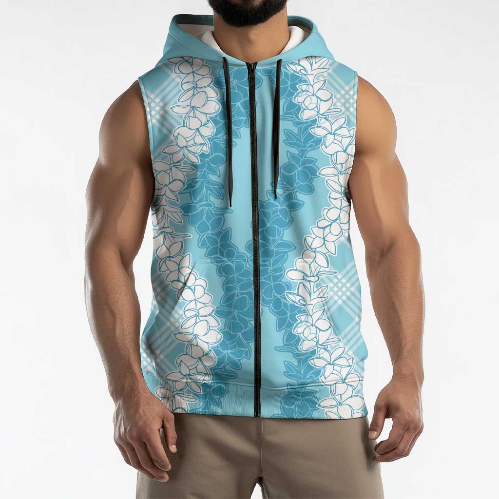 Hawaii Aloha Plumeria Lei Turquoise Palaka Sleeveless Zip Hoodie - Polynesian Pride