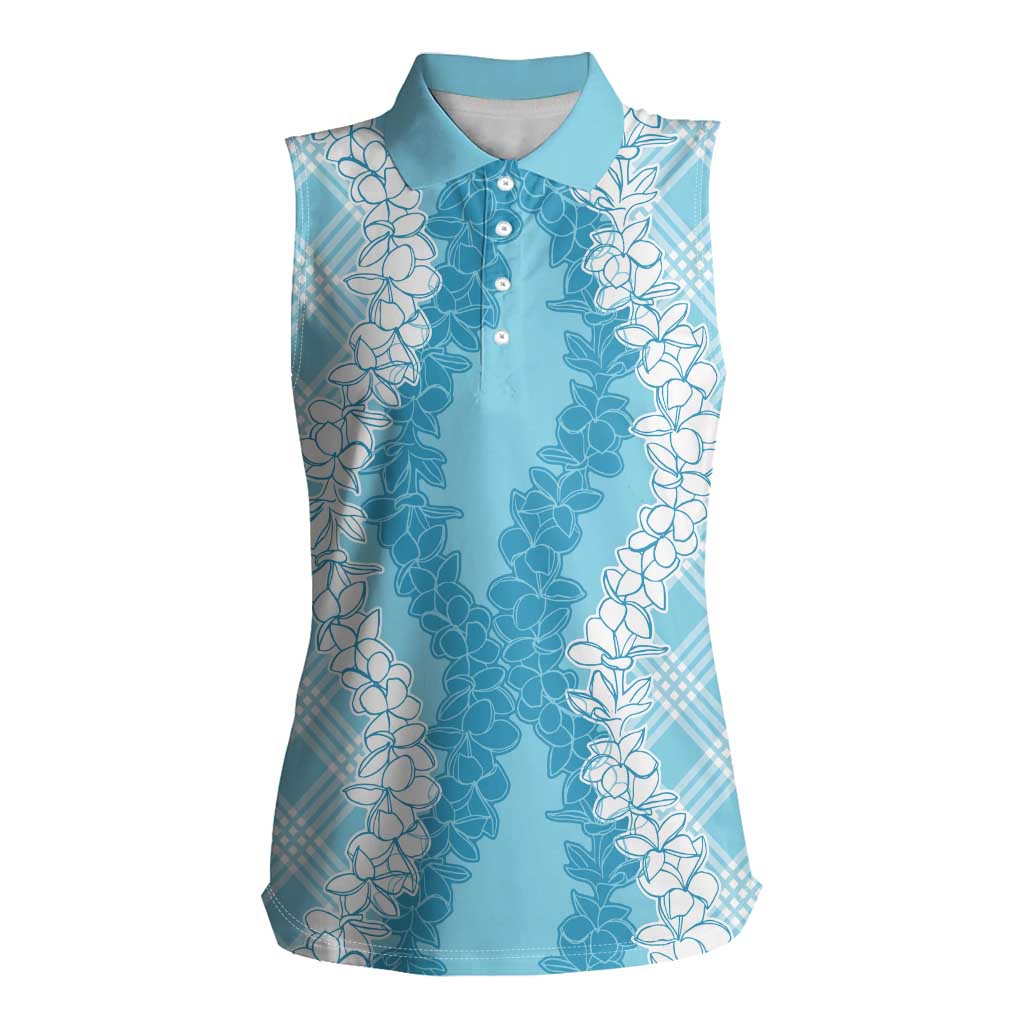 Hawaii Aloha Plumeria Lei Turquoise Palaka Women Sleeveless Polo Shirt - Polynesian Pride
