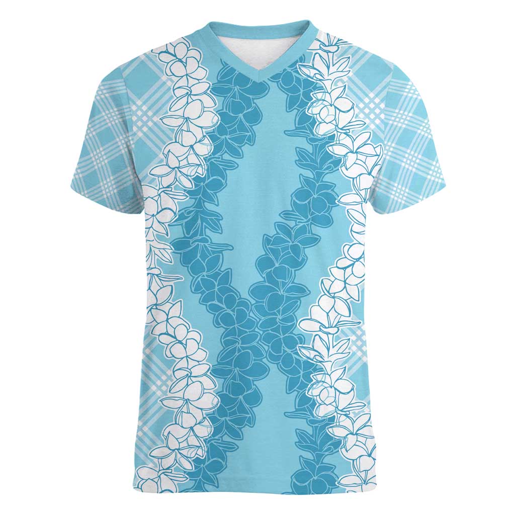 Hawaii Aloha Plumeria Lei Turquoise Palaka Women V-Neck T-Shirt - Polynesian Pride