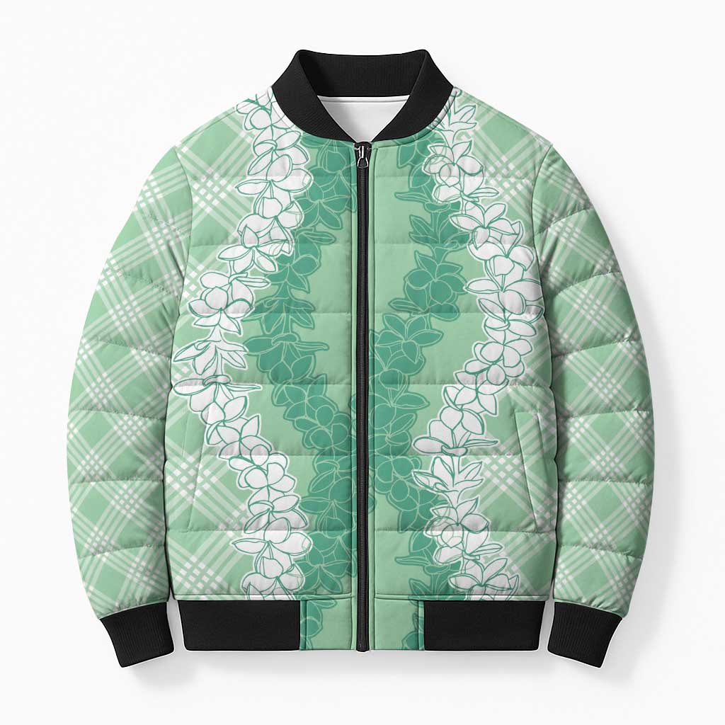 Hawaii Aloha Plumeria Lei Mint Palaka Bomber Puffer Jacket - Polynesian Pride