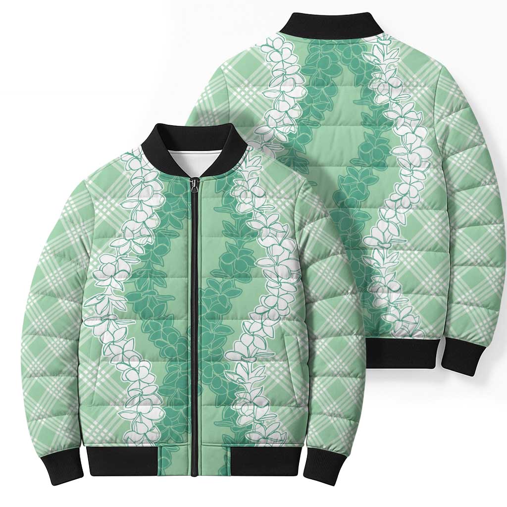 Hawaii Aloha Plumeria Lei Mint Palaka Bomber Puffer Jacket - Polynesian Pride