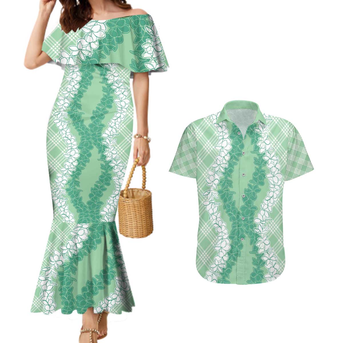 Hawaii Aloha Plumeria Lei Mint Palaka Couples Matching Mermaid Dress and Hawaiian Shirt - Polynesian Pride