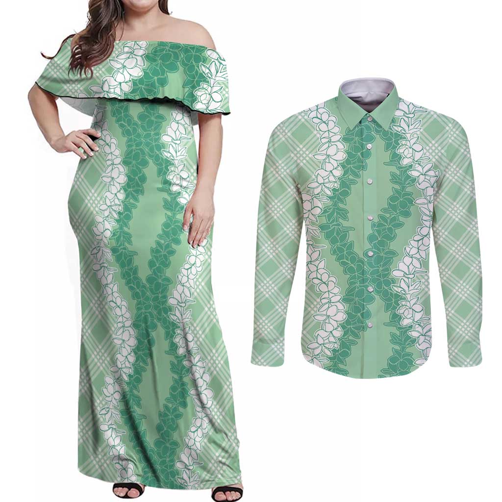 Hawaii Aloha Plumeria Lei Mint Palaka Couples Matching Off Shoulder Maxi Dress and Long Sleeve Button Shirt - Polynesian Pride