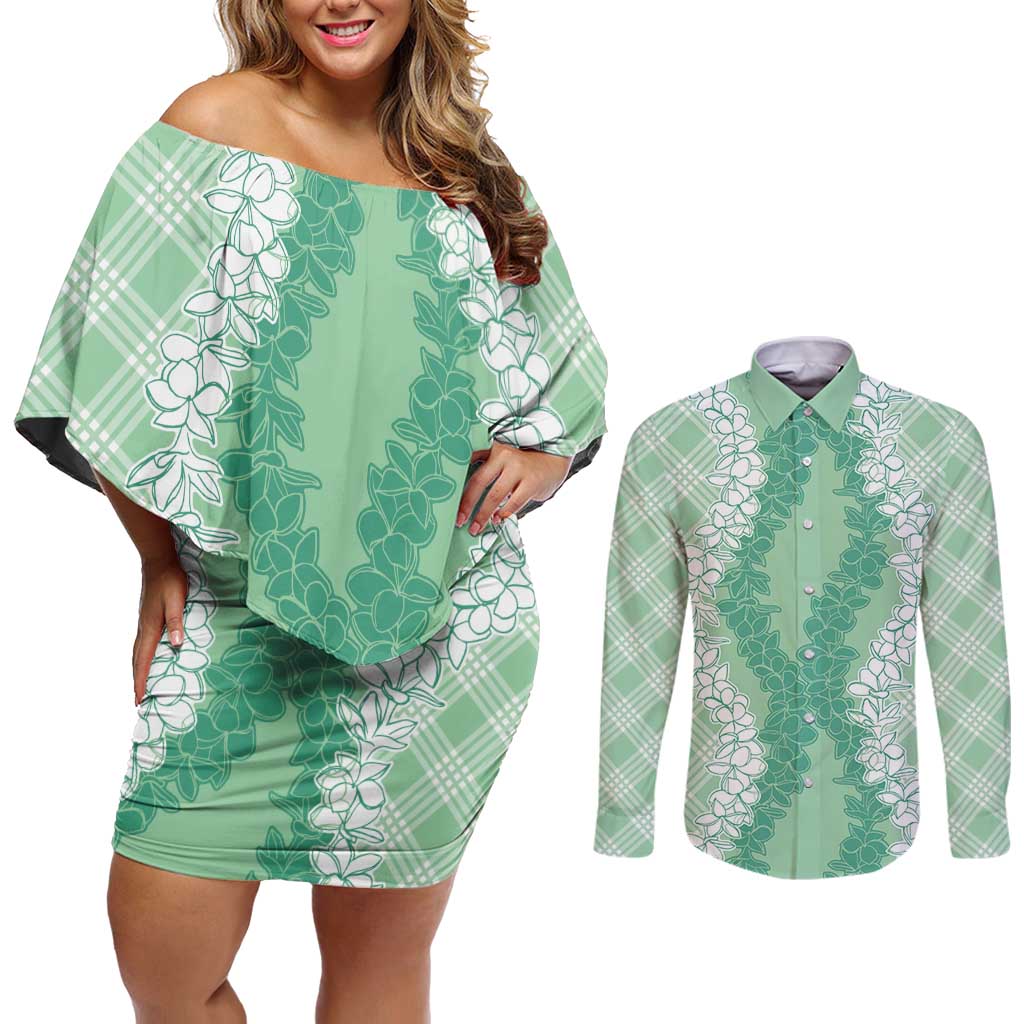 Hawaii Aloha Plumeria Lei Mint Palaka Couples Matching Off Shoulder Short Dress and Long Sleeve Button Shirt - Polynesian Pride