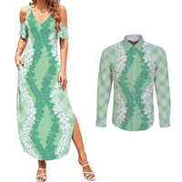 Hawaii Aloha Plumeria Lei Mint Palaka Couples Matching Summer Maxi Dress and Long Sleeve Button Shirt - Polynesian Pride
