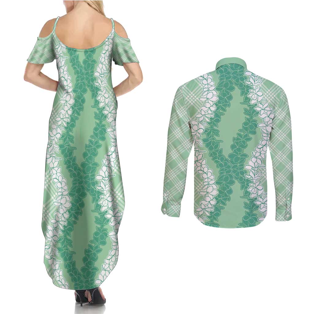 Hawaii Aloha Plumeria Lei Mint Palaka Couples Matching Summer Maxi Dress and Long Sleeve Button Shirt - Polynesian Pride