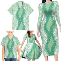 Hawaii Aloha Plumeria Lei Mint Palaka Family Matching Long Sleeve Bodycon Dress and Hawaiian Shirt LT7 - Polynesian Pride