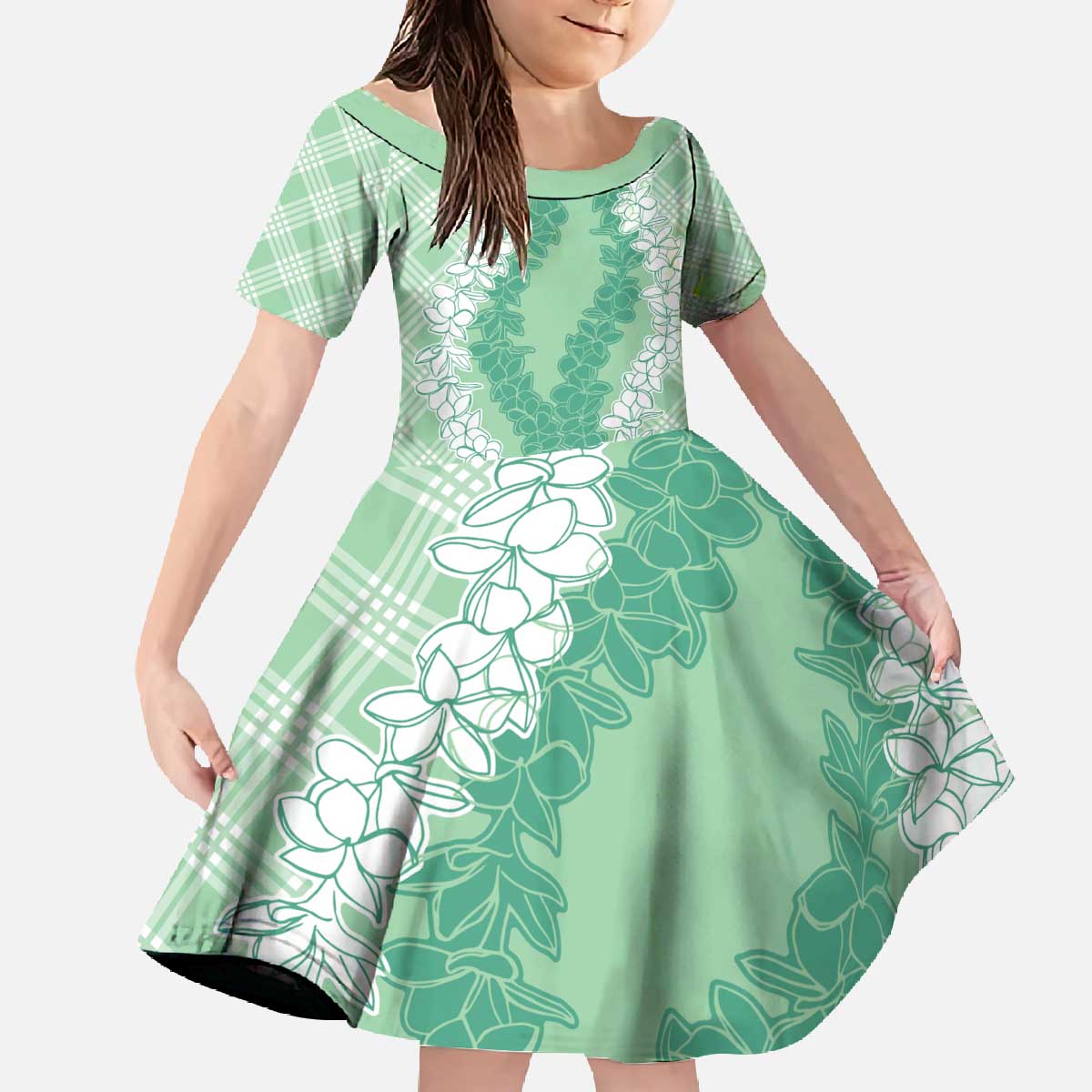 Hawaii Aloha Plumeria Lei Mint Palaka Family Matching Off The Shoulder Long Sleeve Dress and Hawaiian Shirt LT7 Daughter's Dress Mint - Polynesian Pride